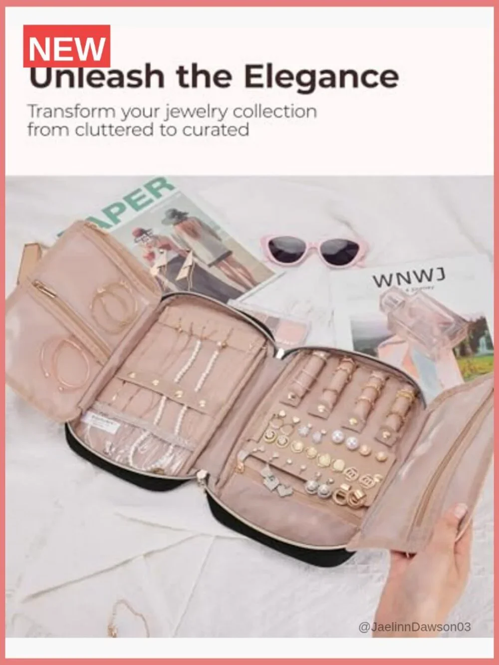 Travel Jewelry Organizer Pouch - 4 Necklace Clips, Earring Roll
